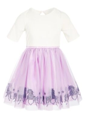 Pink Violet Purple and White Short Sleeve Tulle Dress w/ Sparkly Unicorns - Sz 6